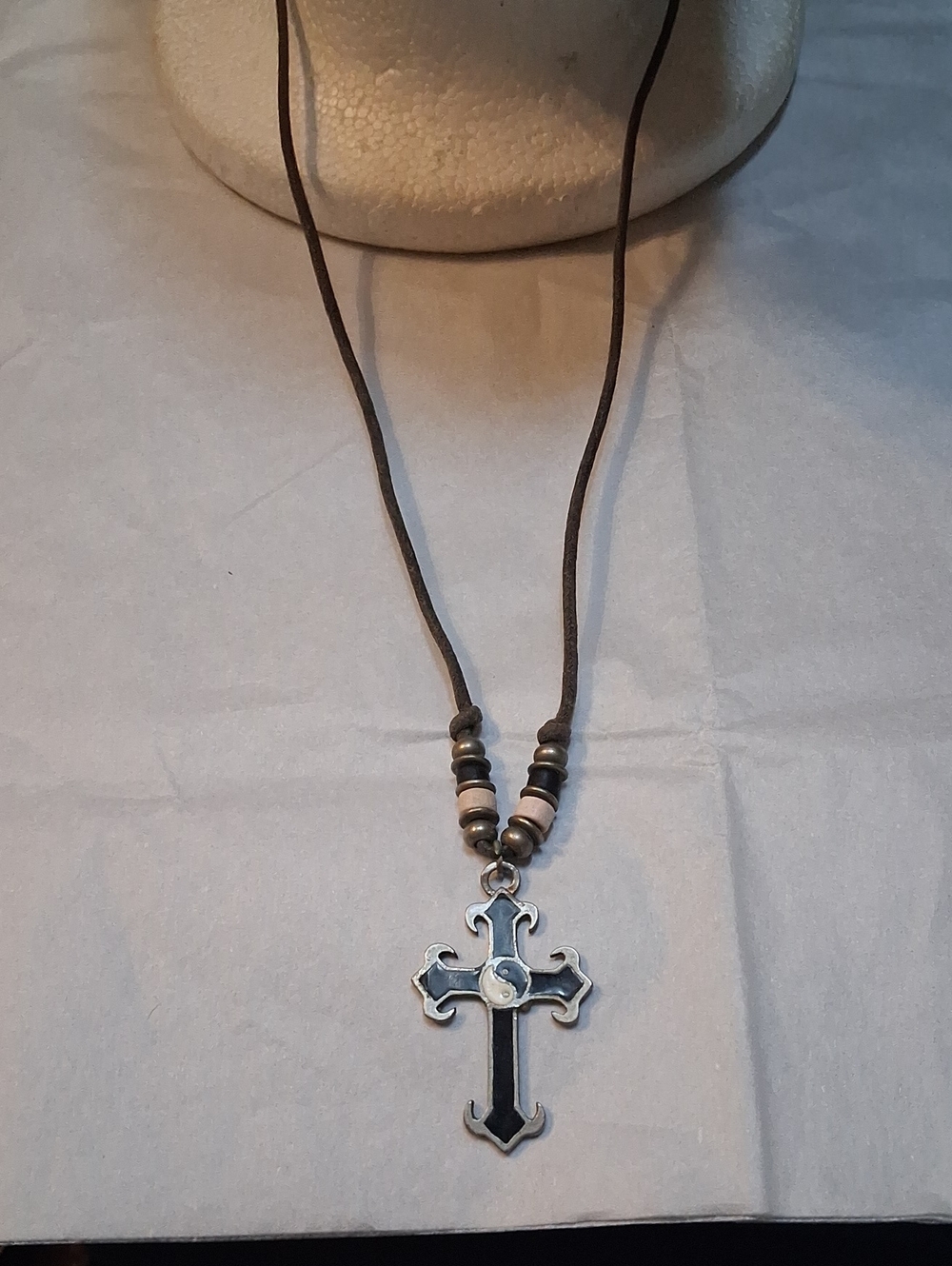 Vintage Black and Brown Men's Leather Cord Necklace with Cross Pendant Ying Yang